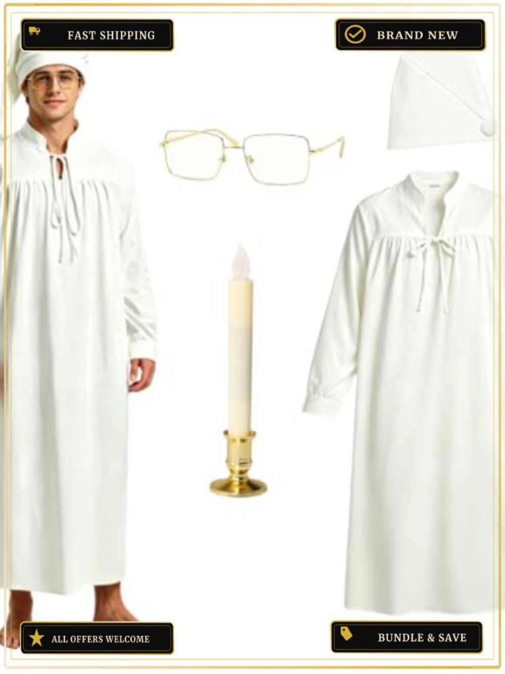 Men's Nightgown Costume 4-Piece Retro Pajama Set for Halloween Christmas